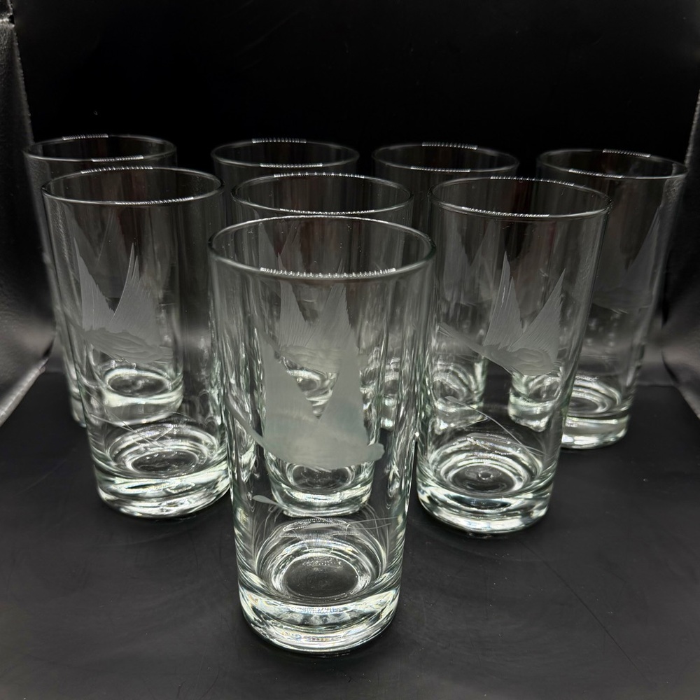 VTG Mid-Century Etched Flying Geese Highball Glasses - Set of 8 - MCM Barware‎